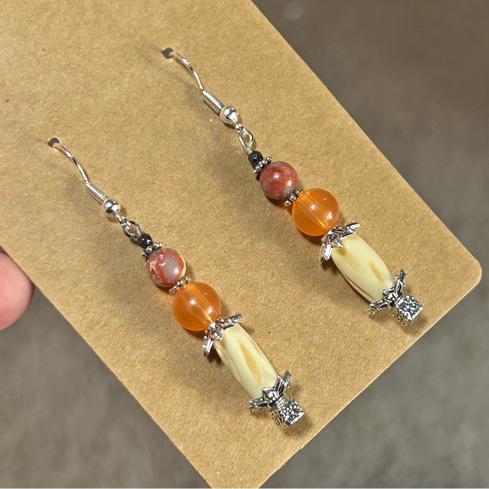 Handcrafted salvaged vintage bead dyed agate faceted hematite earrings